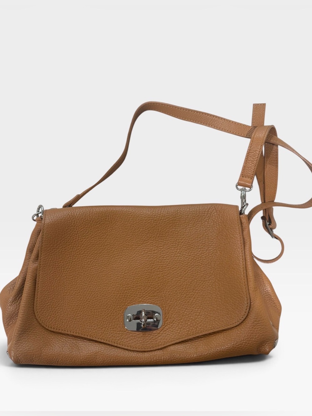 MARLON Italian Leather Women's Tan Bag with Silver Turn-Lock Cross Body LIKE NEW